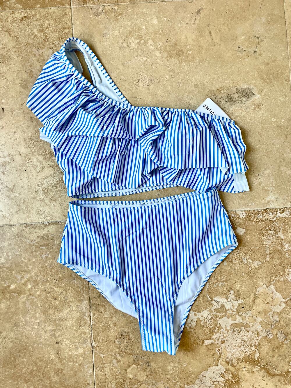 New Blue White Stripe Seersucker One Shoulder Ruffle Bikini Set 2 Piece Medium